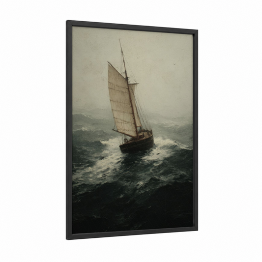 Stormy Seas Sailing framed art print — black wood frame — gray and black and white palette