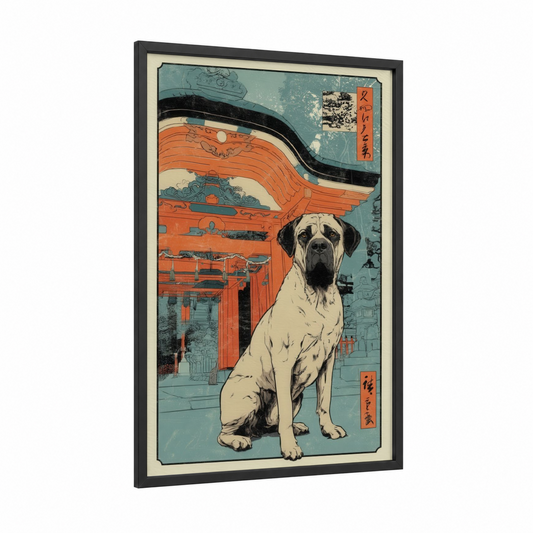 Temple Mastiff framed art print — black wood frame — teal and orange palette