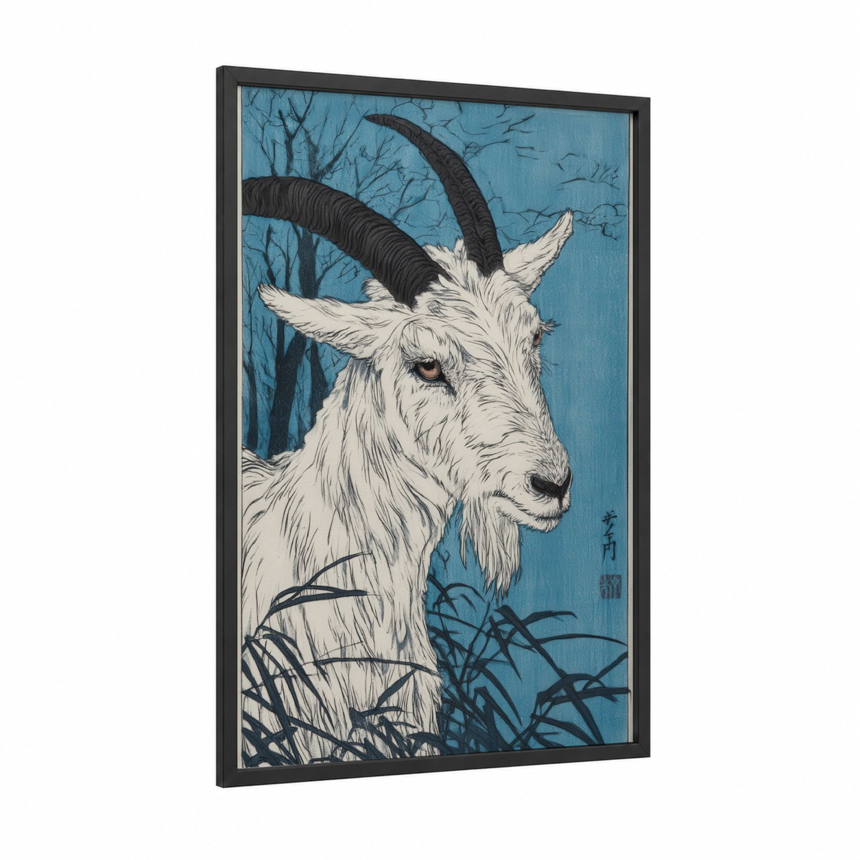 Alpine Goat framed art print — black wood frame — blue and white palette