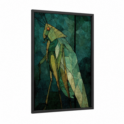 Jade Grasshopper framed art print — black wood frame — teal and light green palette