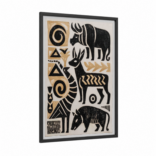 Sacred Beasts framed abstract traditional print — black wood frame — black and white and gold palette