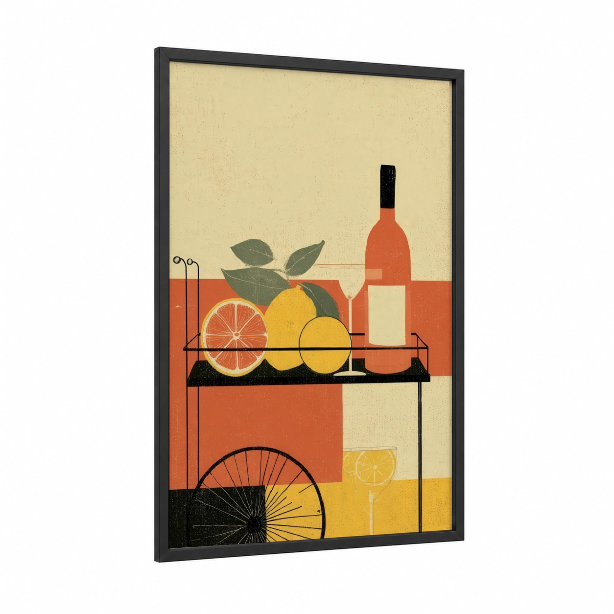 Citrus Wine Moment framed rose wine print — black wood frame — gold and cream palette