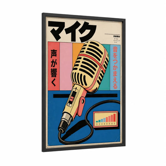 Vintage Japanese Microphone Poster Wall Art framed art print — black wood frame — blue and peach palette