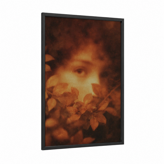 Glowing Fairy framed art print — black wood frame — gold and russet palette