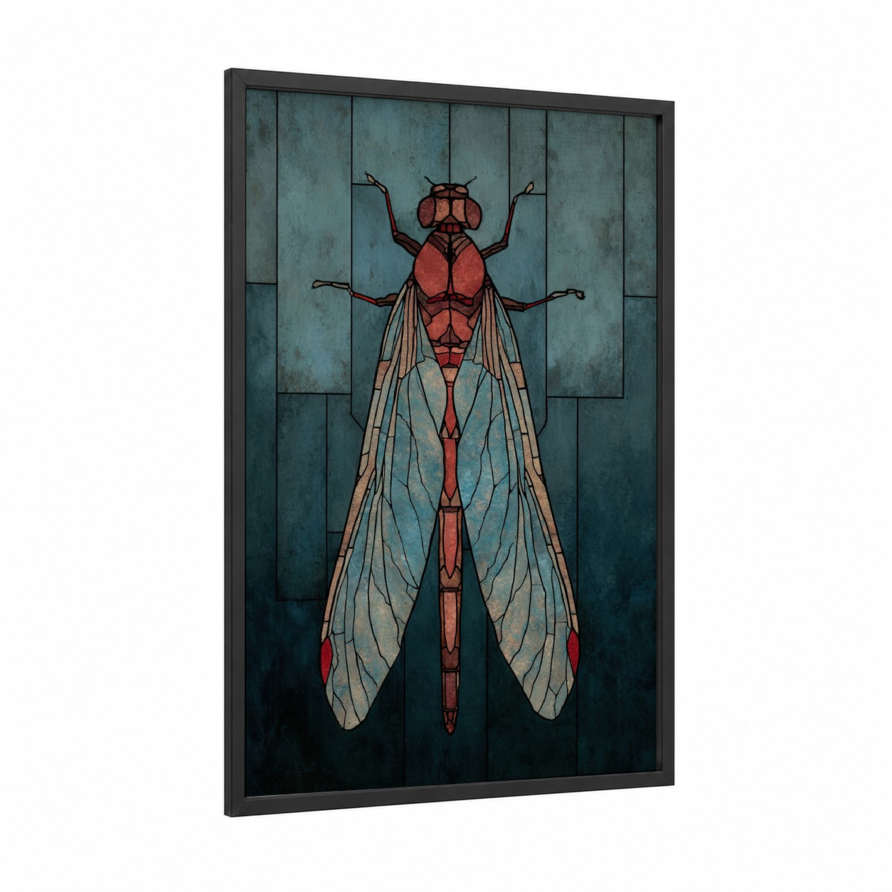 Geometric Dragonfly framed art print — black wood frame — teal and russet palette