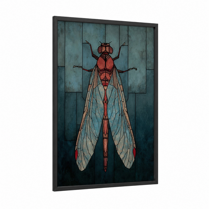 Geometric Dragonfly framed art print — black wood frame — teal and russet palette