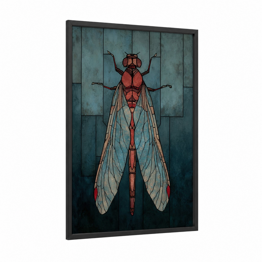 Geometric Dragonfly framed art print — black wood frame — teal and russet palette