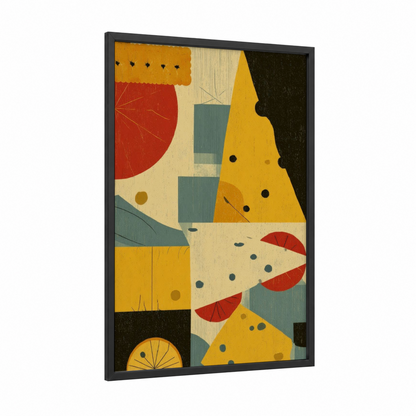 Abstract Cheese Composition framed art print — black wood frame — yellow gold and red palette