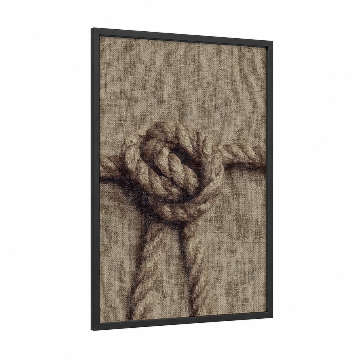 Nautical Knot Study framed rope knots print — black wood frame — beige and brown palette
