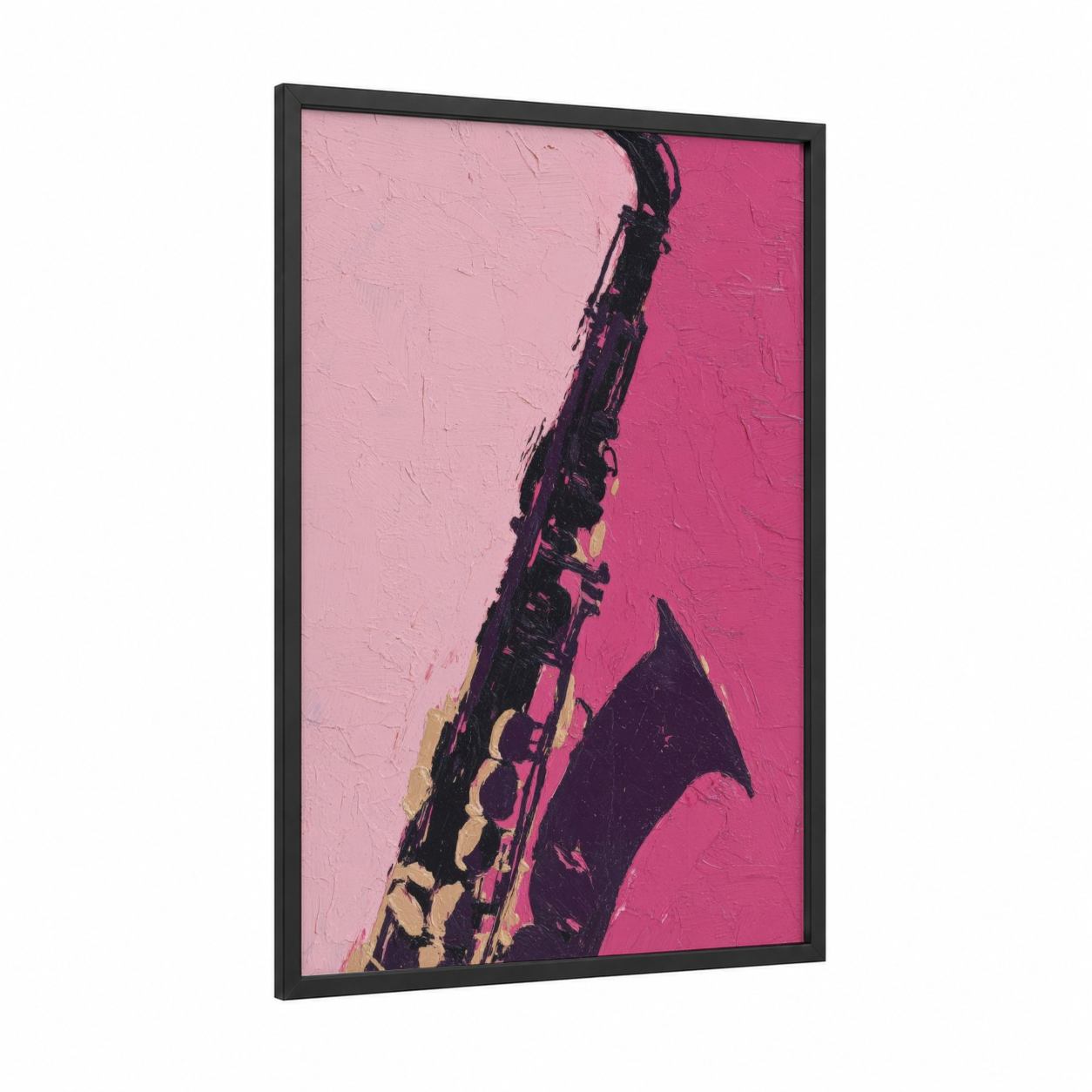 Pink Saxophone framed art print — black wood frame — pink and magenta palette
