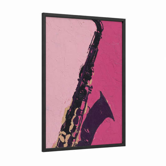 Pink Saxophone framed art print — black wood frame — pink and magenta palette
