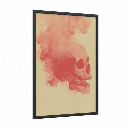 Crimson Watercolor Skull framed art print — black wood frame — pink and cream palette