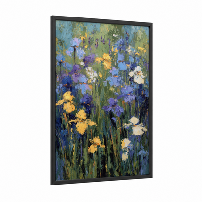 Iris Garden Impressionist framed art print — black wood frame — blue and gold palette