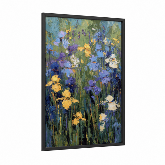 Iris Garden Impressionist framed art print — black wood frame — blue and gold palette