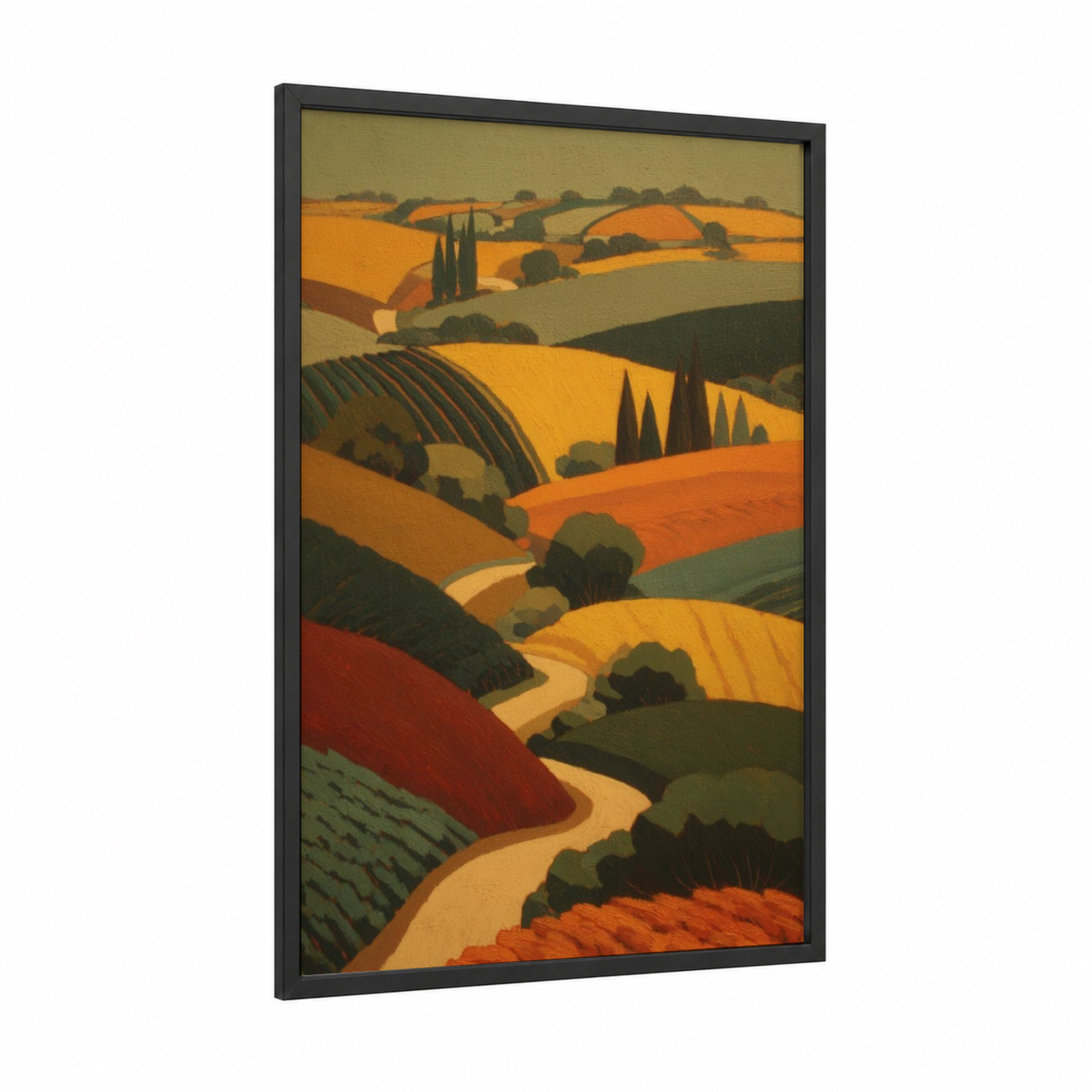 Tuscan Vineyards framed art print — black wood frame — gold and russet palette