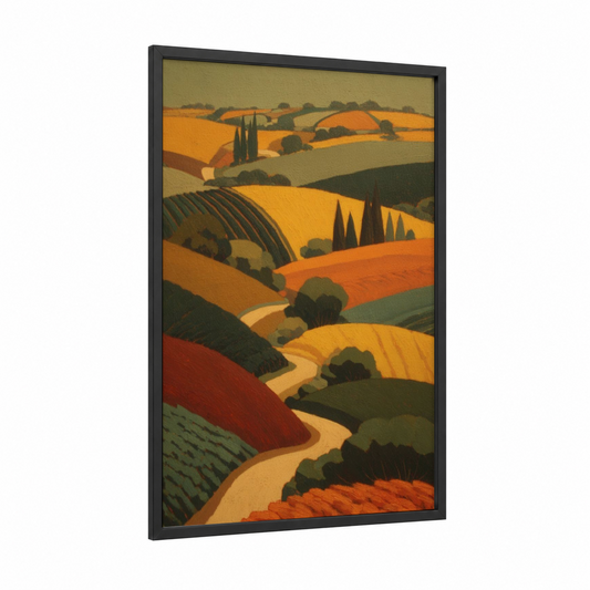 Tuscan Vineyards framed art print — black wood frame — gold and russet palette