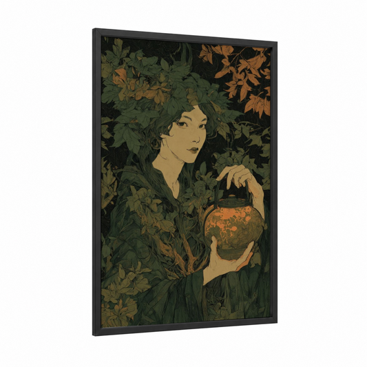 Enchanted Potion Keeper framed magic and witchcraft print — black wood frame — dark green and orange palette