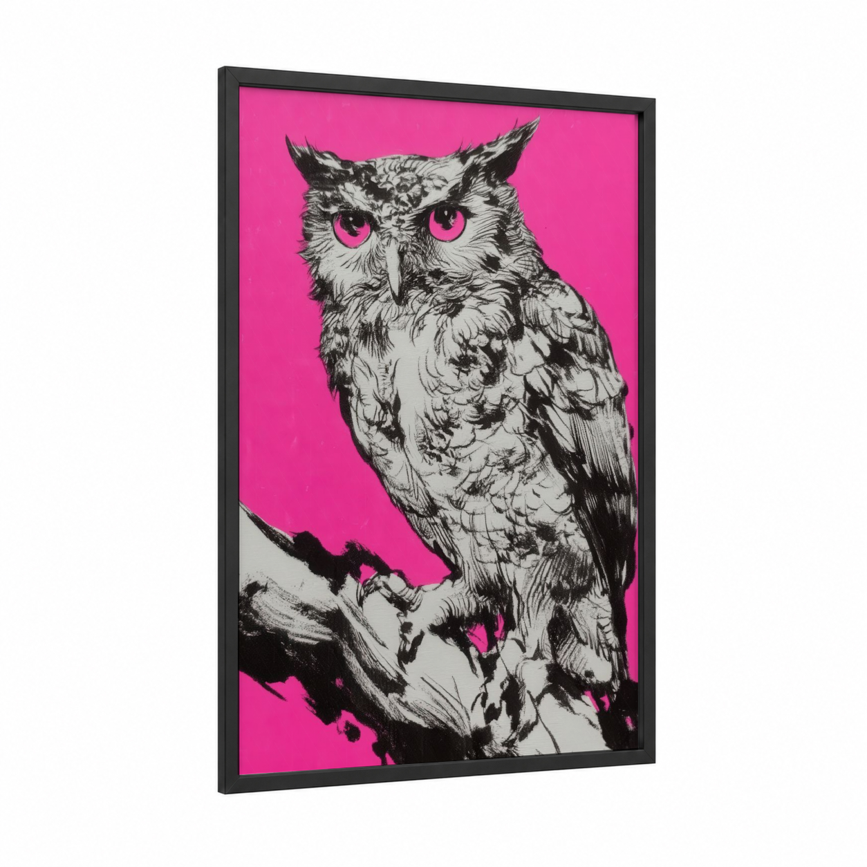 Neon Owl Portrait framed art print — black wood frame — magenta and black and white palette