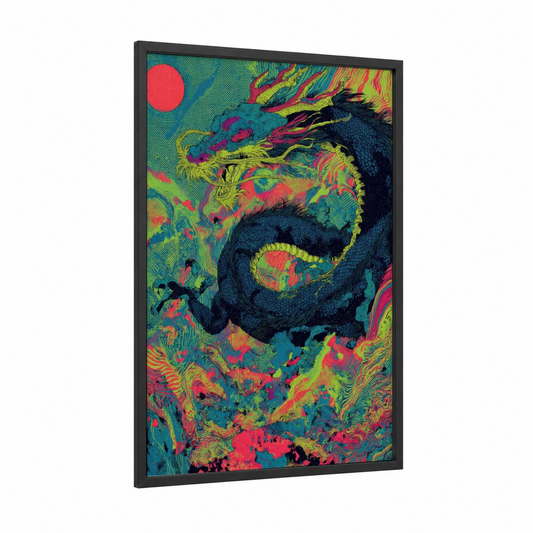 Neon Dragon Inferno framed art print — black wood frame — magenta and lime green palette