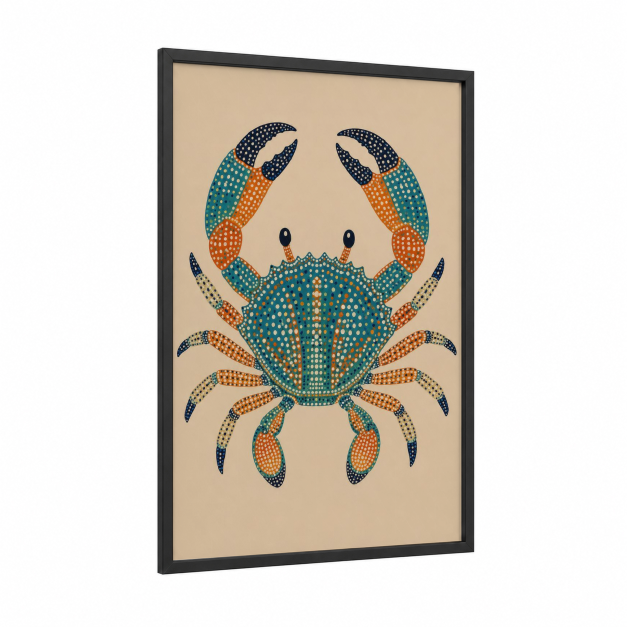 Geometric Crab Sea Life Wall Art framed art print — black wood frame — teal and orange palette