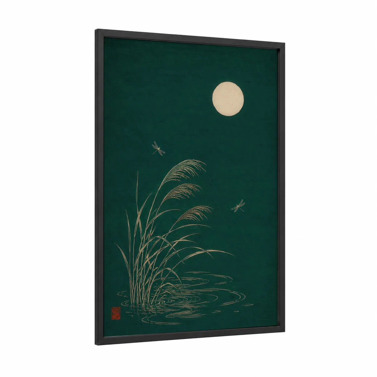 Japanese Dragonfly And Moon Wall Art framed art print — black wood frame — dark green and champagne gold palette