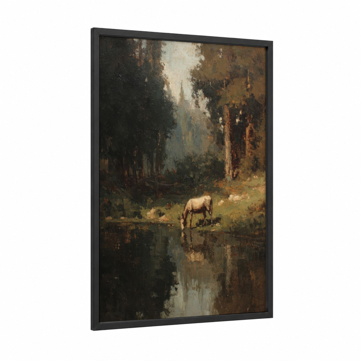 Riverside Mule framed art print — black wood frame — brown and gray palette