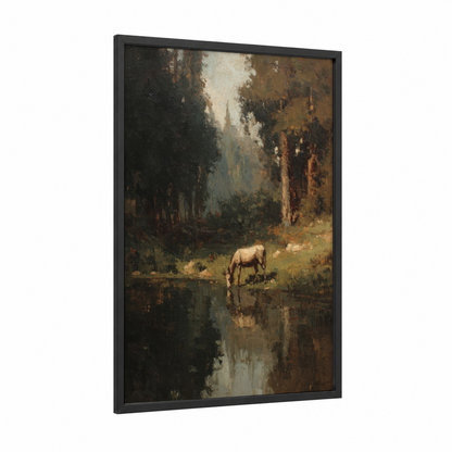 Riverside Mule framed art print — black wood frame — brown and gray palette