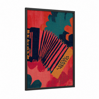 Vibrant Accordion framed art print — black wood frame — red and teal palette