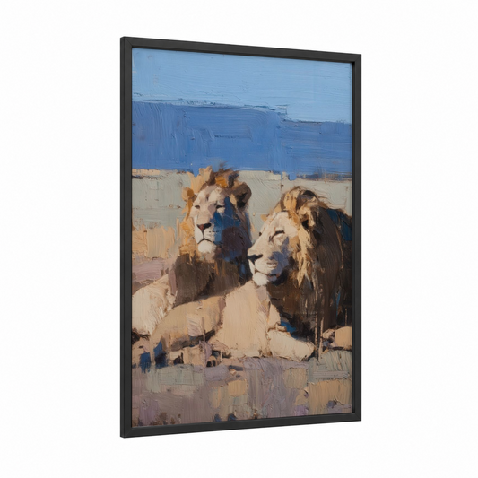 Desert Lions framed art print — black wood frame — blue and gold palette