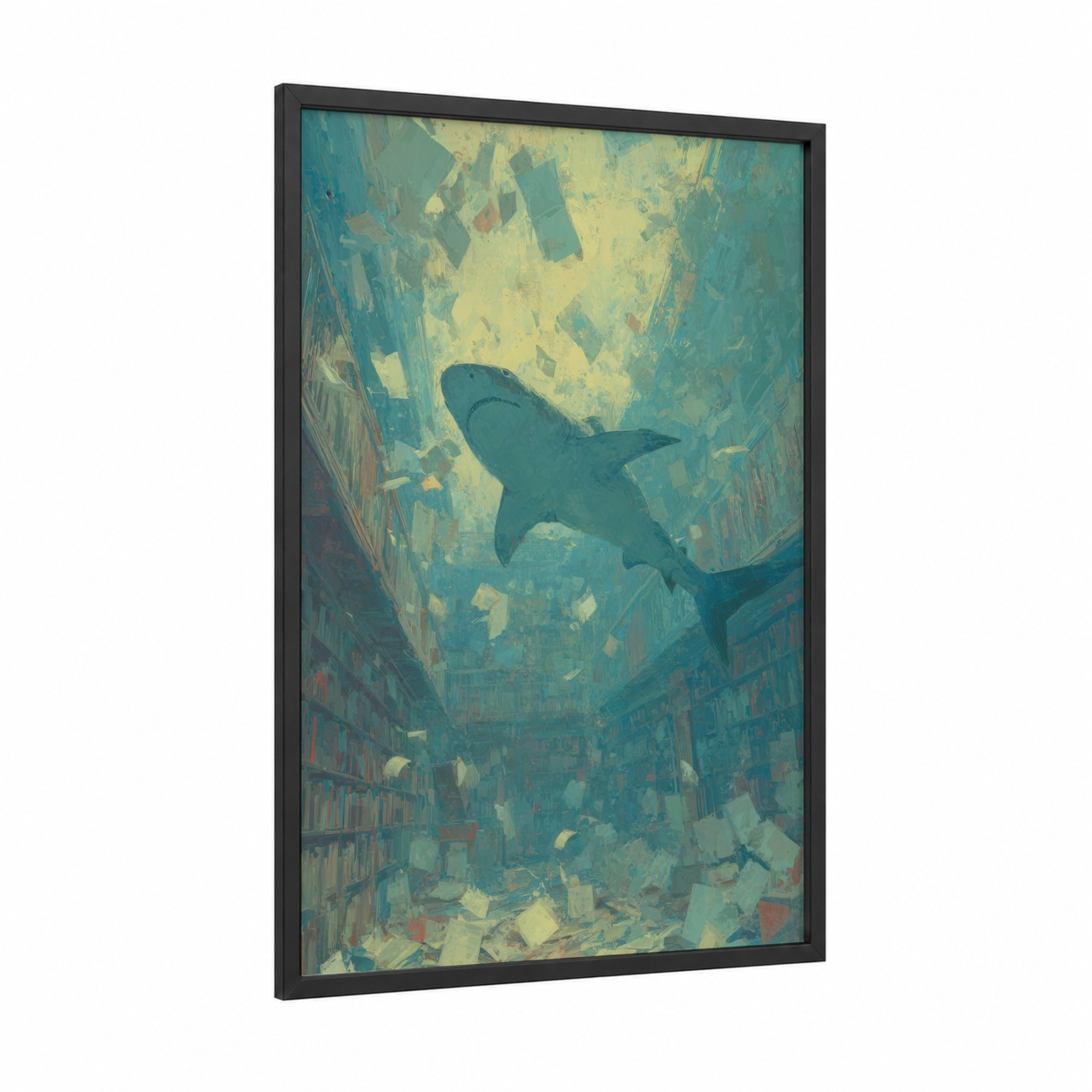 Urban Shark framed bull shark print — black wood frame — teal and yellow gold palette