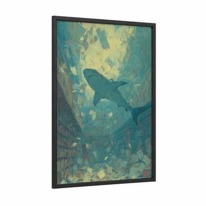 Urban Shark framed bull shark print — black wood frame — teal and yellow gold palette