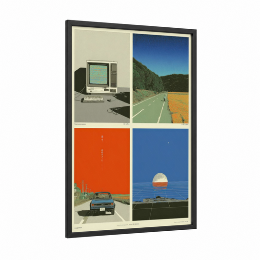 Y2K Nostalgia framed japanese y2k print — black wood frame — orange and blue palette