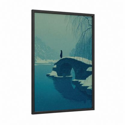 Solitary Ghost Bridge framed art print — black wood frame — teal and dark blue palette