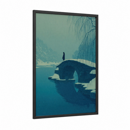 Solitary Ghost Bridge framed art print — black wood frame — teal and dark blue palette
