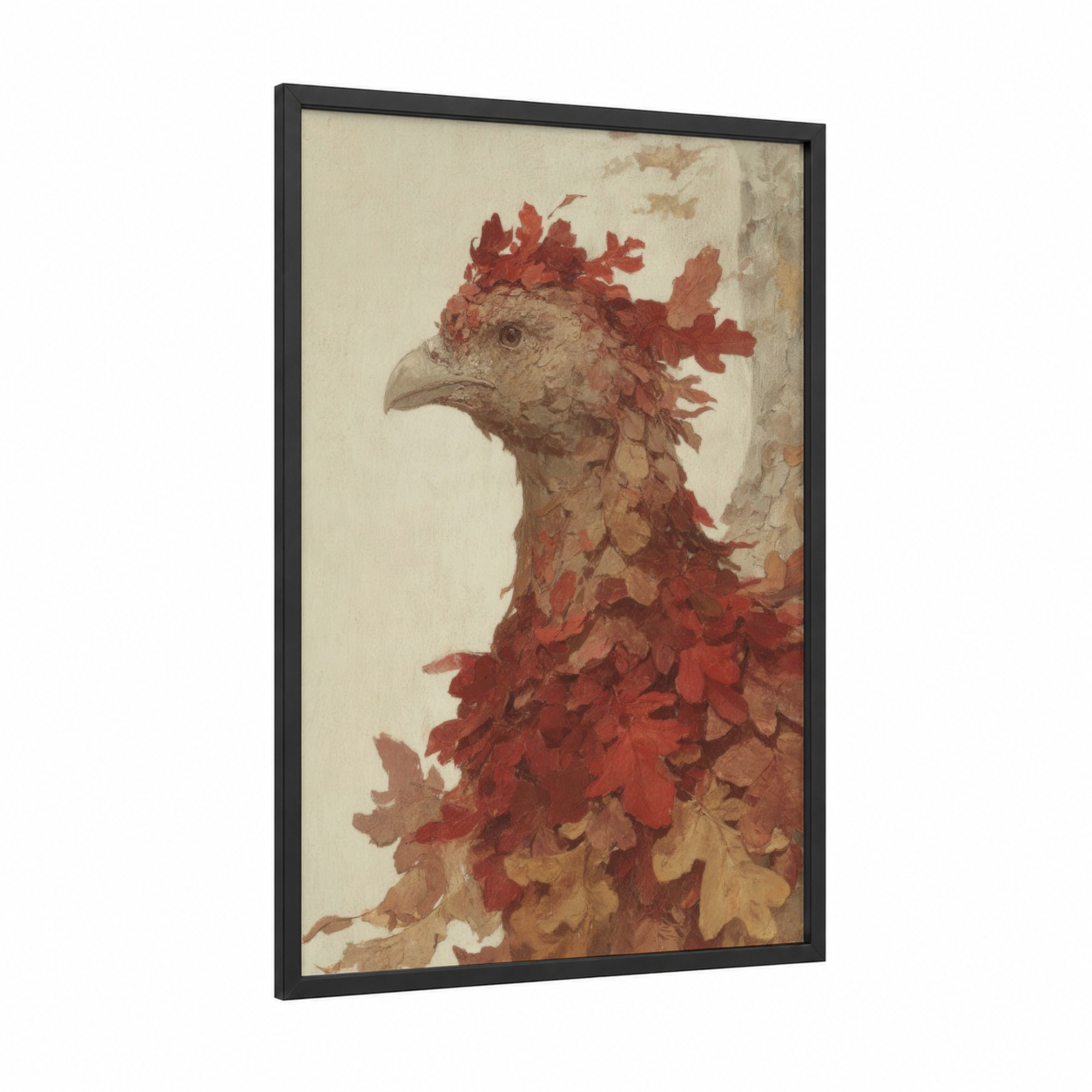 Autumn Phoenix framed art print — black wood frame — russet and gold palette