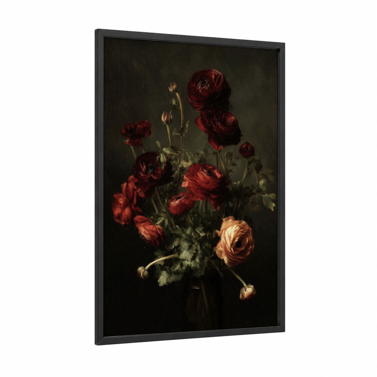 Crimson Ranunculus framed art print — black wood frame — maroon and dark green palette