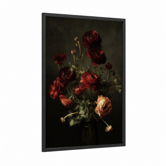 Crimson Ranunculus framed art print — black wood frame — maroon and dark green palette