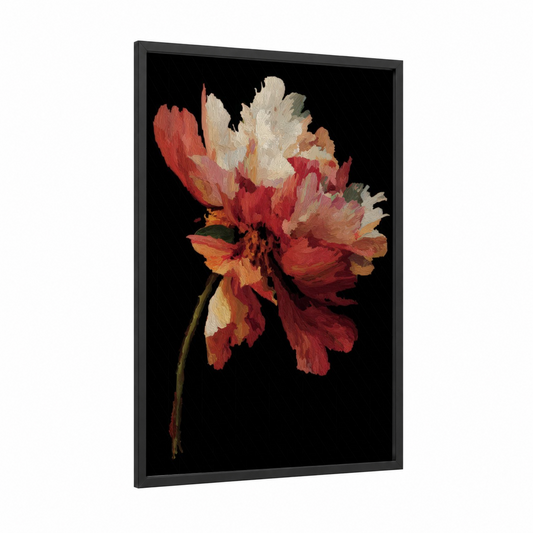 Crimson Peony Bloom framed art print — black wood frame — red and cream palette