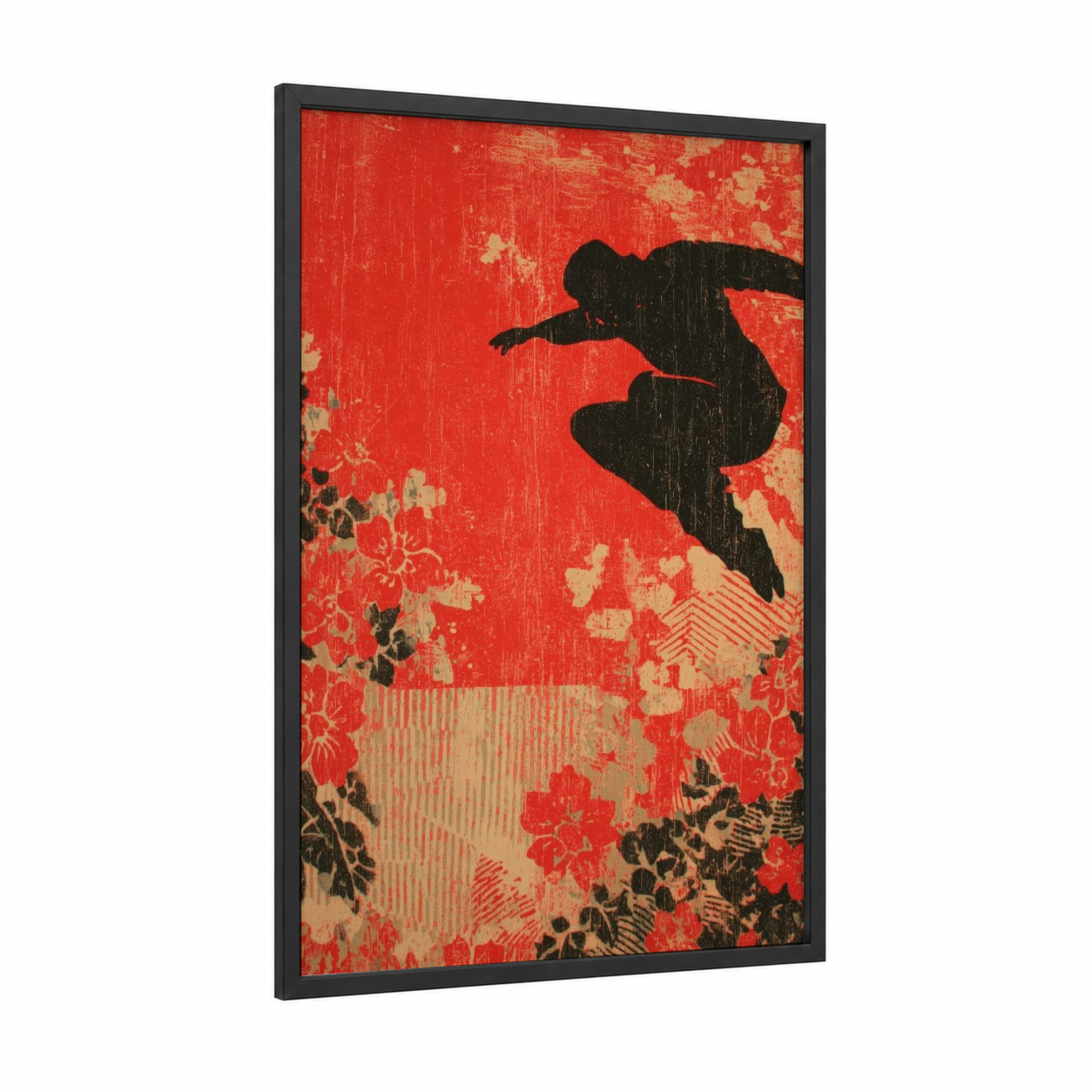 Urban Parkour Leap framed art print — black wood frame — red and black and white palette