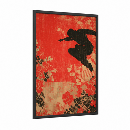 Urban Parkour Leap framed art print — black wood frame — red and black and white palette