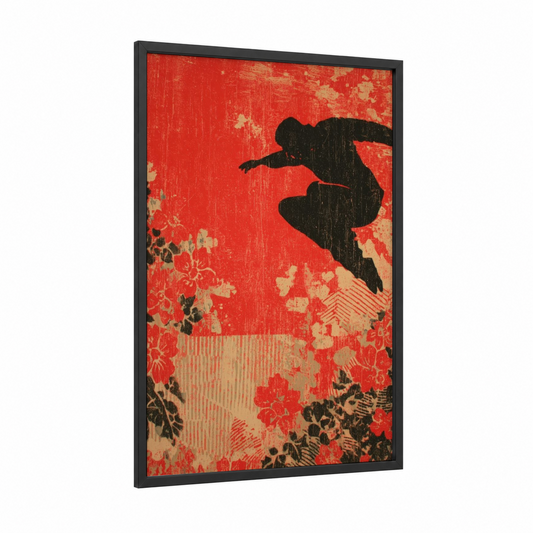 Urban Parkour Leap framed art print — black wood frame — red and black and white palette