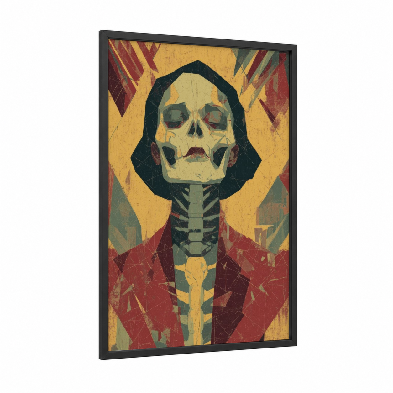 Skeletal Zombie Portrait framed art print — black wood frame — yellow gold and maroon palette