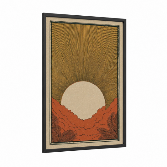 Desert Sunrise framed card game print — black wood frame — yellow gold and russet palette