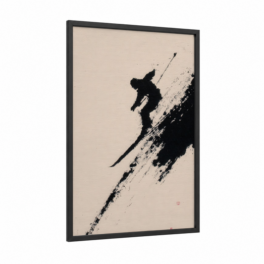 Downhill Skier framed skiing print — black wood frame — black and white palette
