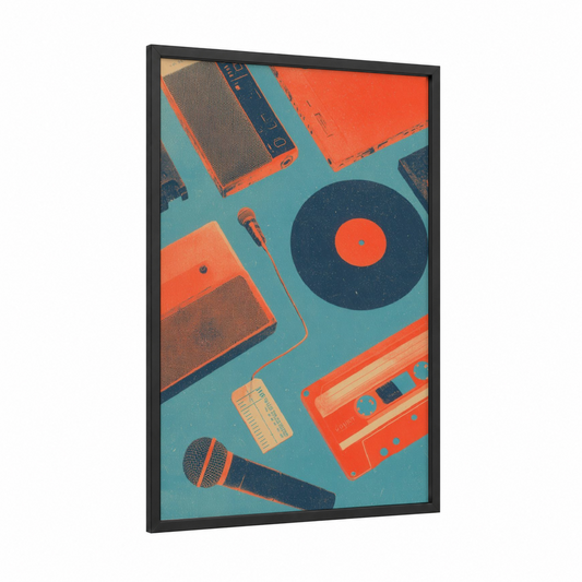Retro Pop Vibes framed art print — black wood frame — orange and turquoise palette