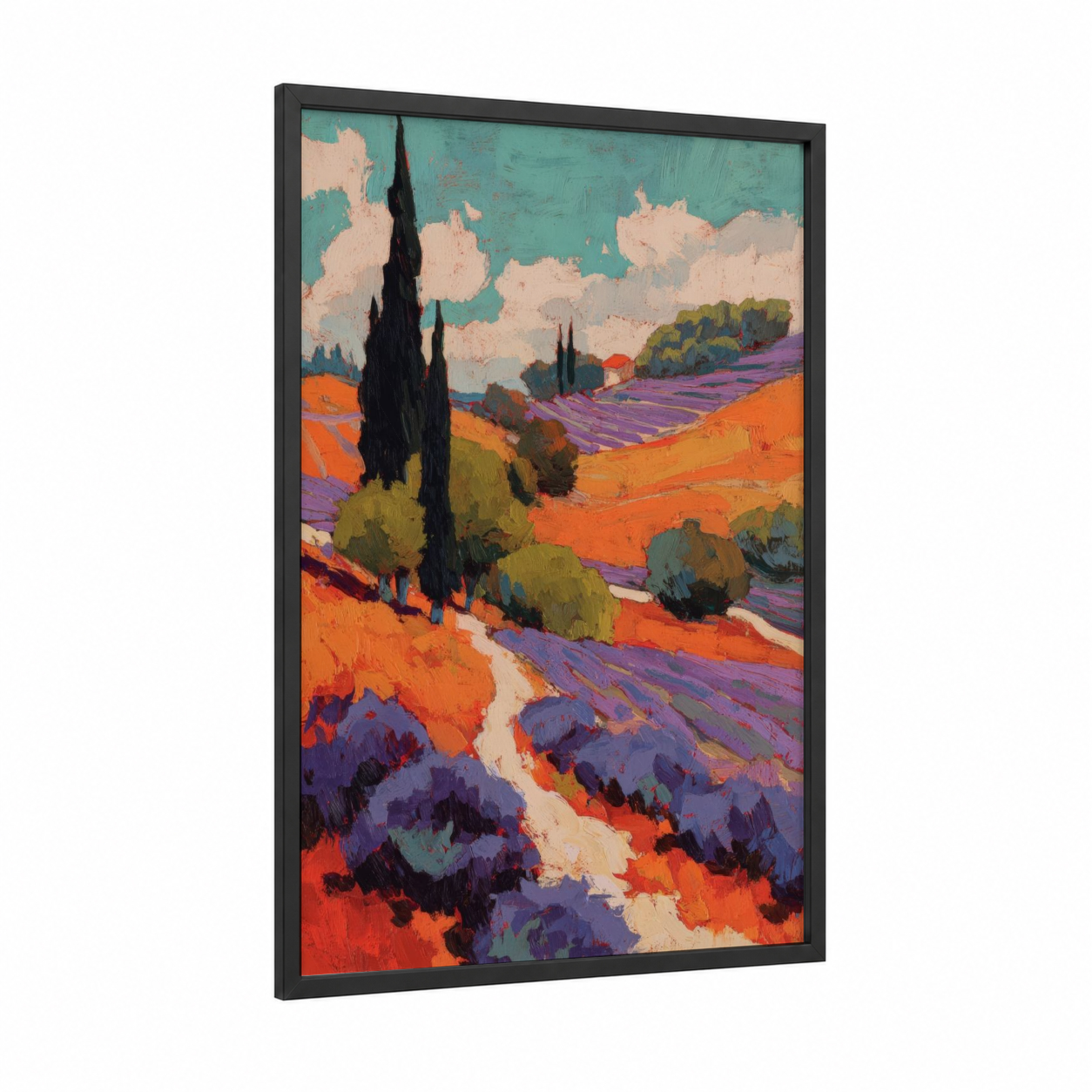 Tuscan Vineyards framed art print — black wood frame — orange and purple palette