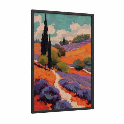 Tuscan Vineyards framed art print — black wood frame — orange and purple palette