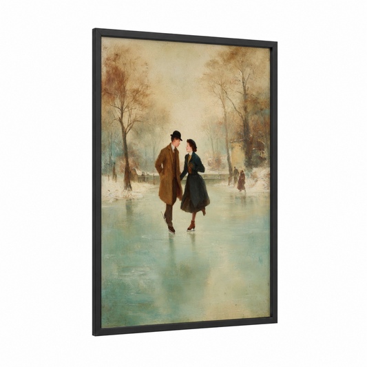 Winter Romance Skaters framed couple print — black wood frame — cream and teal palette