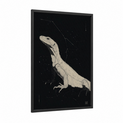 Celestial Basilisk framed art print — black wood frame — black and white and cream palette