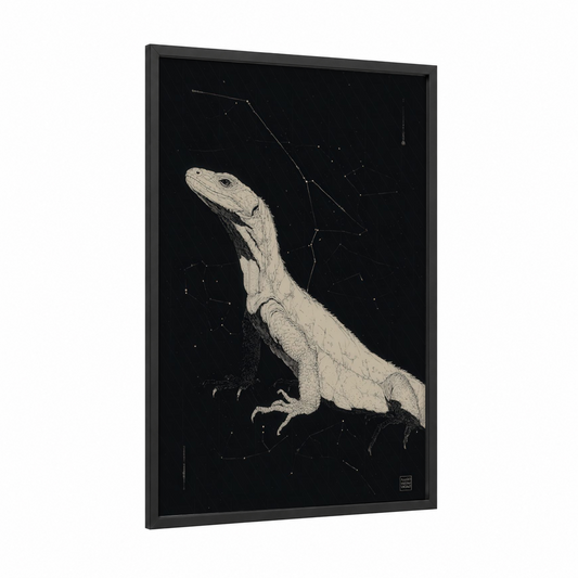 Celestial Basilisk framed art print — black wood frame — black and white and cream palette